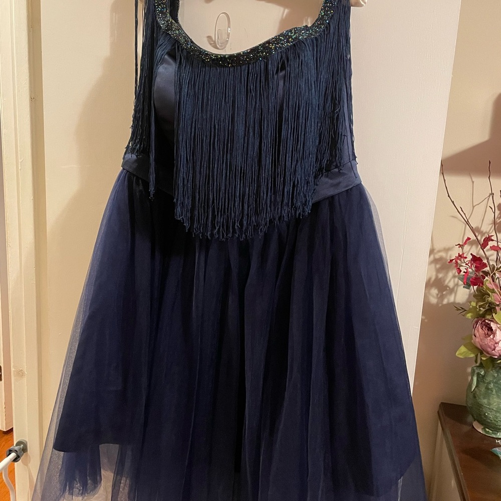 A Line, Knee Length a Fringe Cocktail Dress - Navy Blue